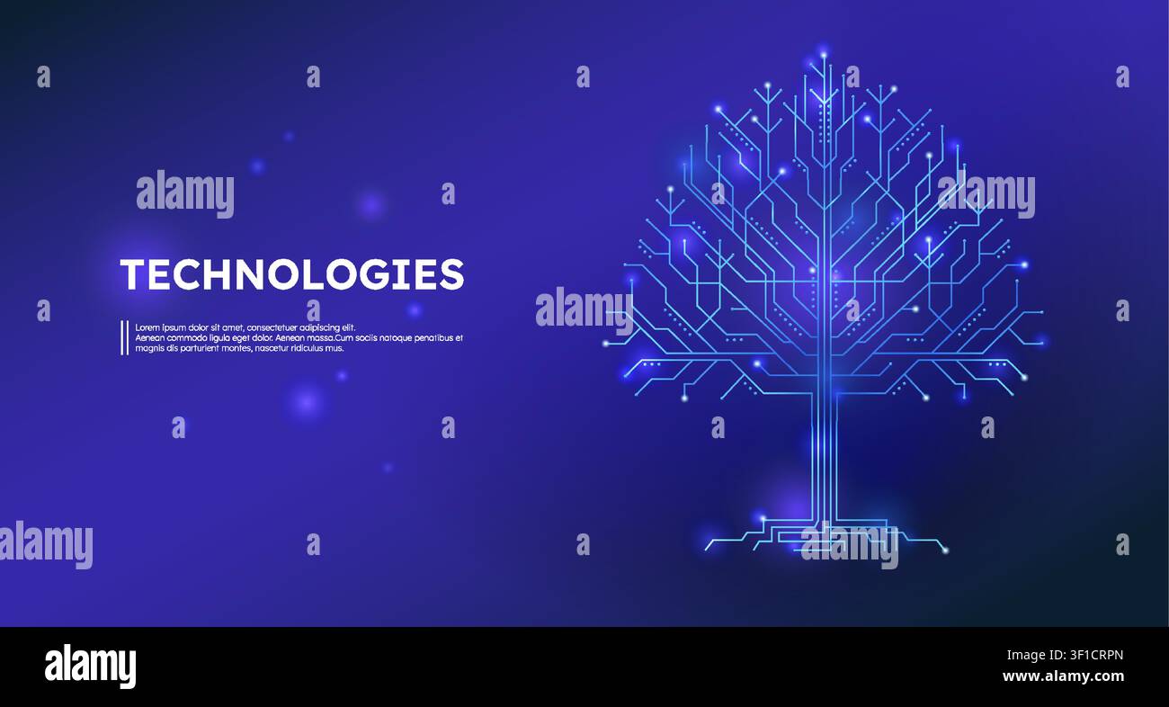 Elektronischer Baum. Hintergrund mit Schaltungswachstum, abstrakte futuristische Welt als organisches Zukunftsrecycling-Board, digitales Innovations-Technologie-Hintergrund mit leuchtenden Linien. Bannerdesign. Vektor-Konzept Stock Vektor