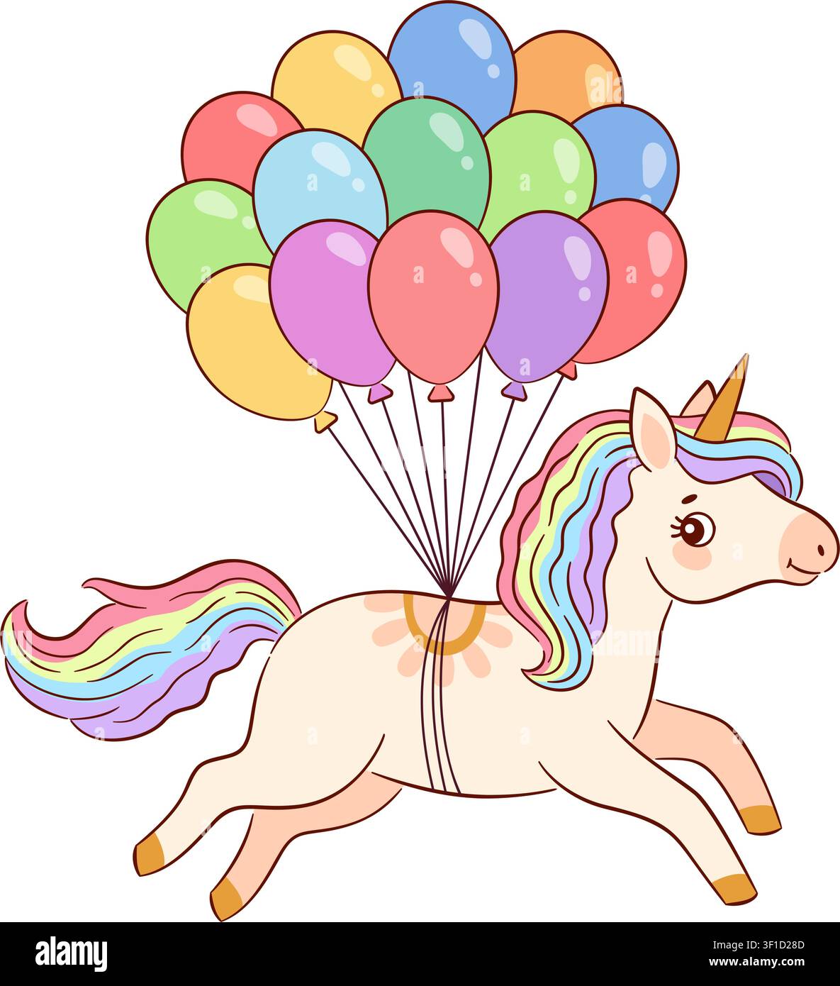 Niedliches Baby-Einhorn, das mit einem großen Bündel bunter Heliumballons fliegt. Handgezeichneter flacher Stil isoliert. Für Aufkleber, Kinderzimmer-Dekor, Kinderbekleidung, Geburtstagseinladungen, Poster, Grußkarten. Stock Vektor
