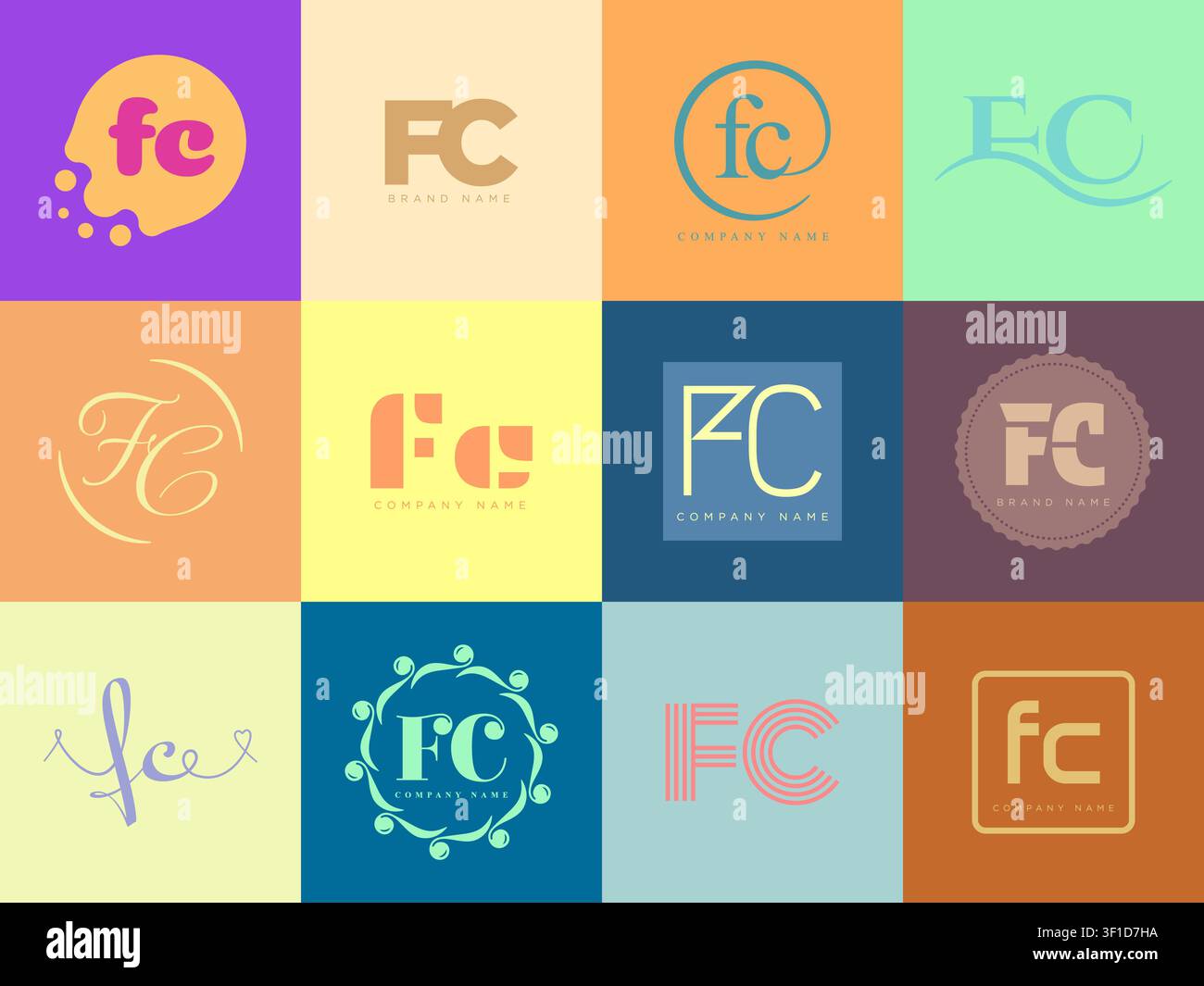 FC-Logo-Unternehmensvorlage. Logotyp Buchstabe f und c. Set verschiedene klassische Serifenschriftarten und moderne Fettschrift mit Designelementen. Anfangsschrift Typog Stock Vektor