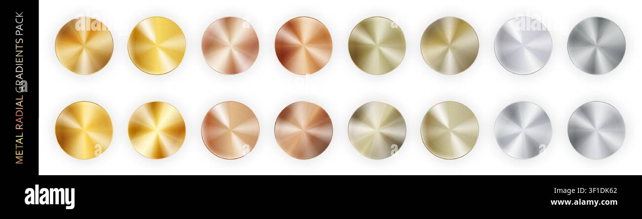 Radialer realistischer radialer Chrom-Metall-Gradienten-Big-Pack isoliert auf weißem Hintergrund mit Schatten. Golden, Bronze, Kupfer, Aluminium, Nickel und Silber Stock Vektor