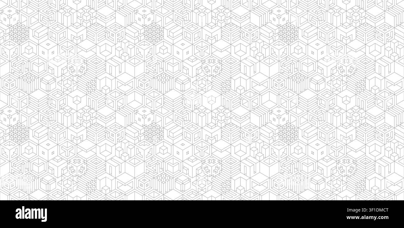 Nahtloses isometrisches geometrisches Würfelmuster mit dünnen Umrisszeichnungen. Perfekter minimalistischer technischer Hintergrund für Architektur, Technologie, Blockchain Stock Vektor