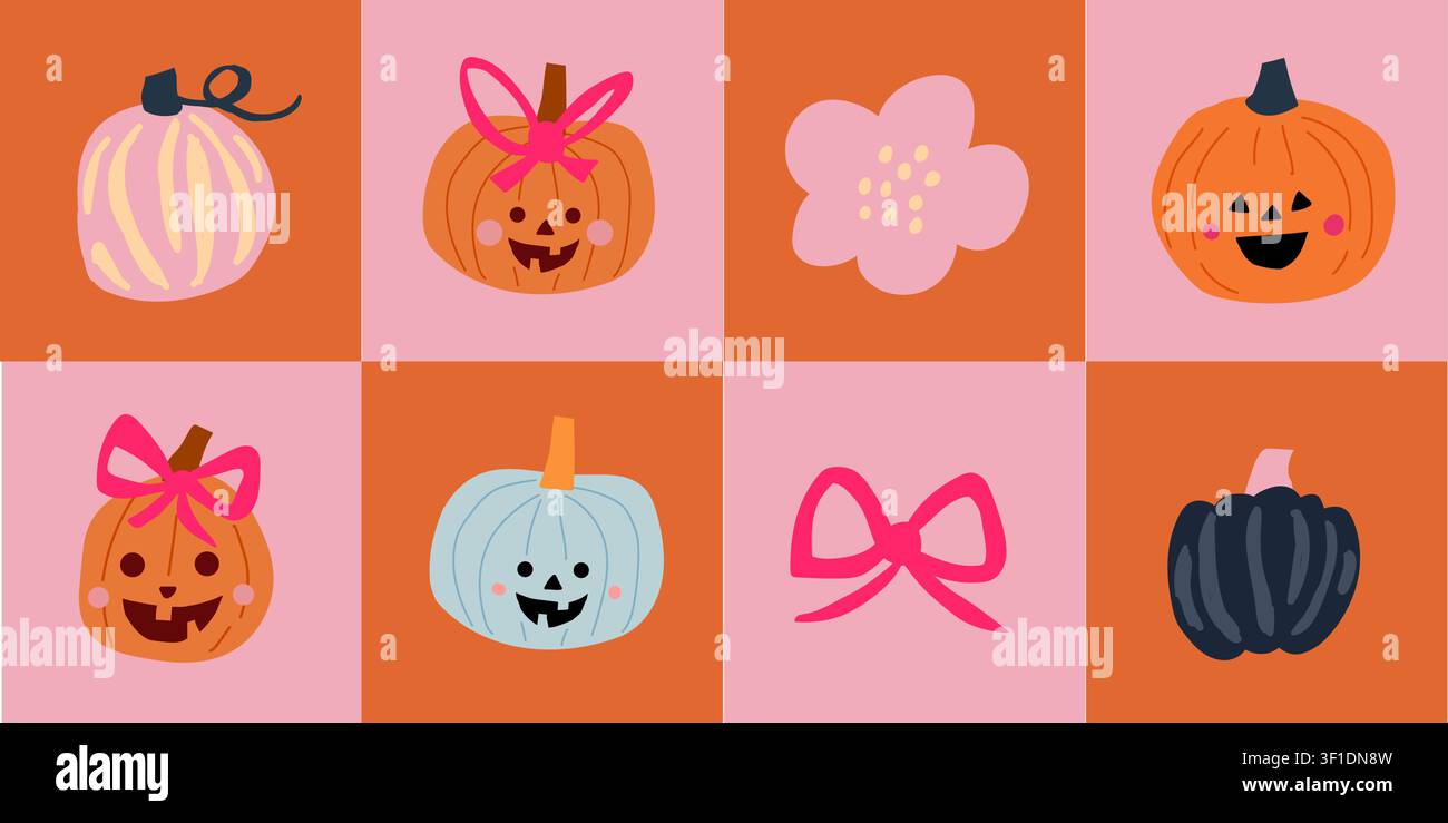 Nahtloses Halloween-Patchwork-Muster mit stilvollen Kürbissen, Jack-o-Laternen-Gesichtern, rosa Schleifen, Blumen und pastellfarbenen Schachbrettquadraten in orange, schwarz, beige und hellblauen Tönen, trendiges mädchenhaftes Wiederholungsdesign für Stoff, Tapete, Geschenkpapier, Scrapbook-Papier, saisonale Dekoration und moderne Herbstprojekte Stock Vektor