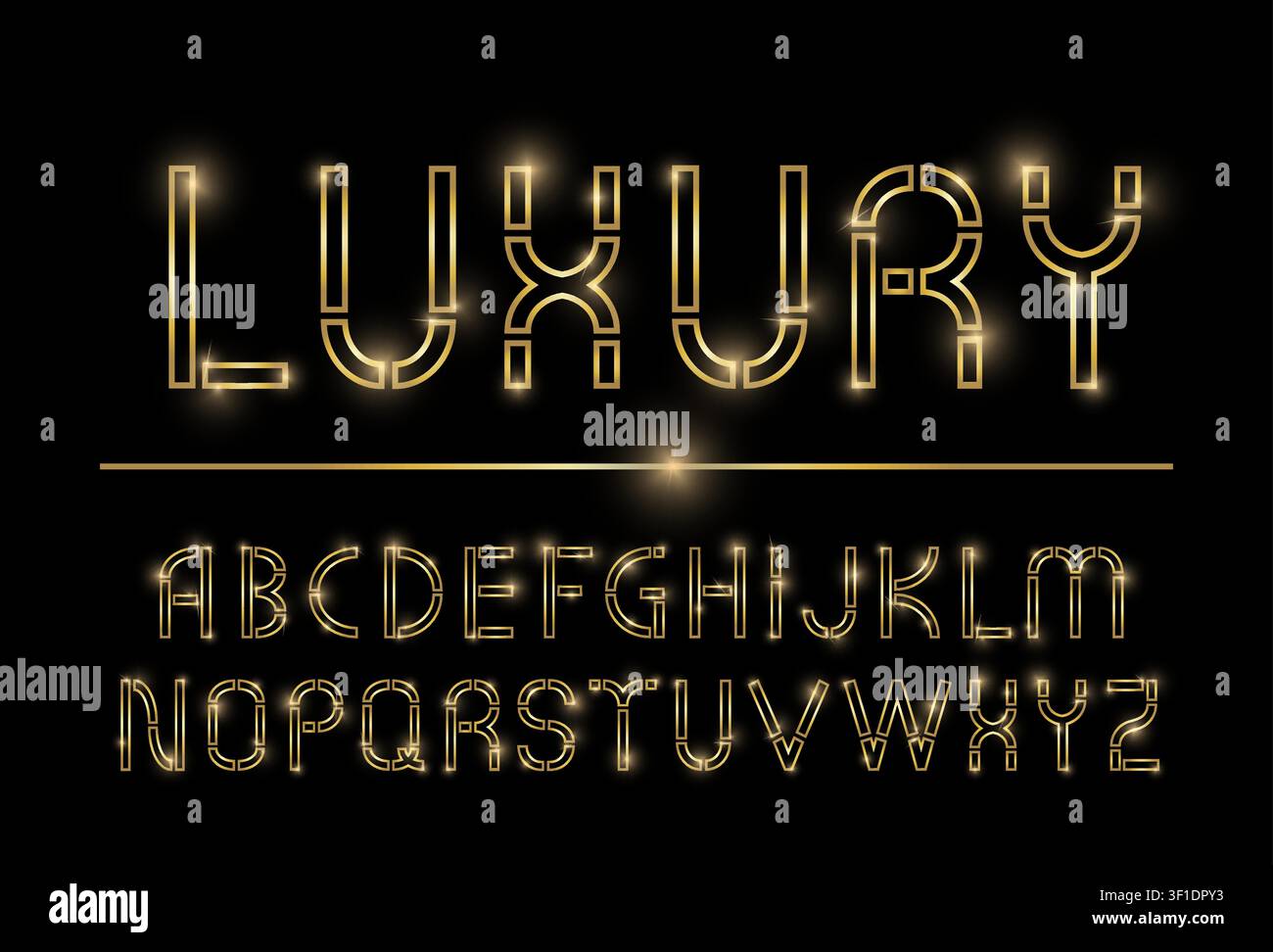Goldene glänzende Luxus-Sans-Serif-Schriftart isoliert auf schwarzem Hintergrund. Realistischer Lichteffekt. Vektorillustration Stock Vektor