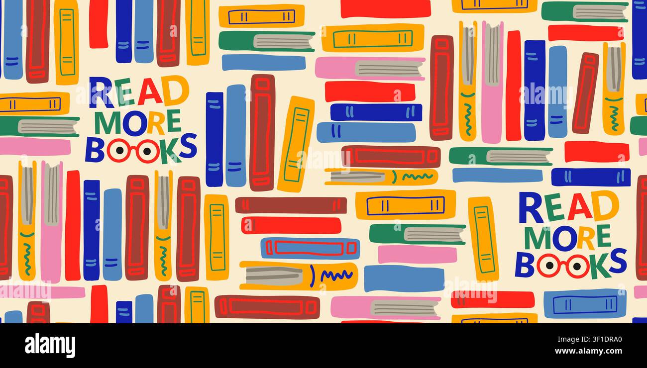 Nahtloses Buchmuster mit gestapelten Büchern und Read More Books-Schriftzug auf einem weichen sandgelben Hintergrund, gemütliches Herbst-Wiederholungsdesign für Buchliebhaber, Bibliotheken, Leseclubs, Rück-zur-Schule-Projekte, Stoffe, Tapeten, Geschenkpapier und pädagogische Dekoration Stock Vektor