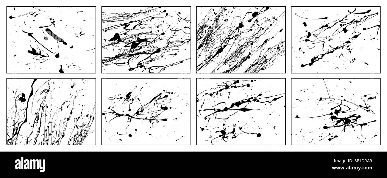 Handgezeichnetes schwarzes Vektor-Grunge-Texturenpaket isoliert auf Weiß. Detaillierte Farbspritzer. Grungy-Streifenmuster. Vektor-Illustrator Stock Vektor