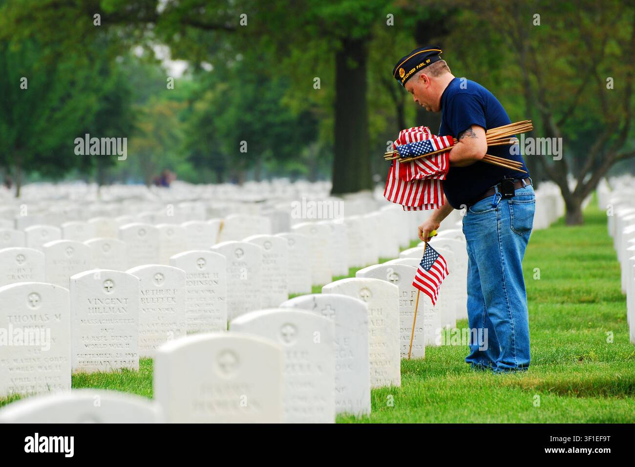 Auf einem Militärfriedhof legt ein Freiwilliger des VFW amerikanische Flaggen vor den Gräbern von Gefallenen ab Stockfoto
