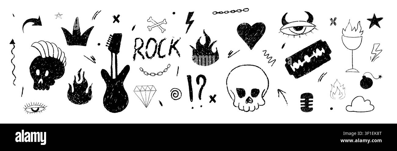 Monochromes Punk-Illustrationsbündel. Graffiti-Schädel-Skizzen, Pinselstrichtexturen und kräftige Gitarrenformen. Vektorillustration Stock Vektor