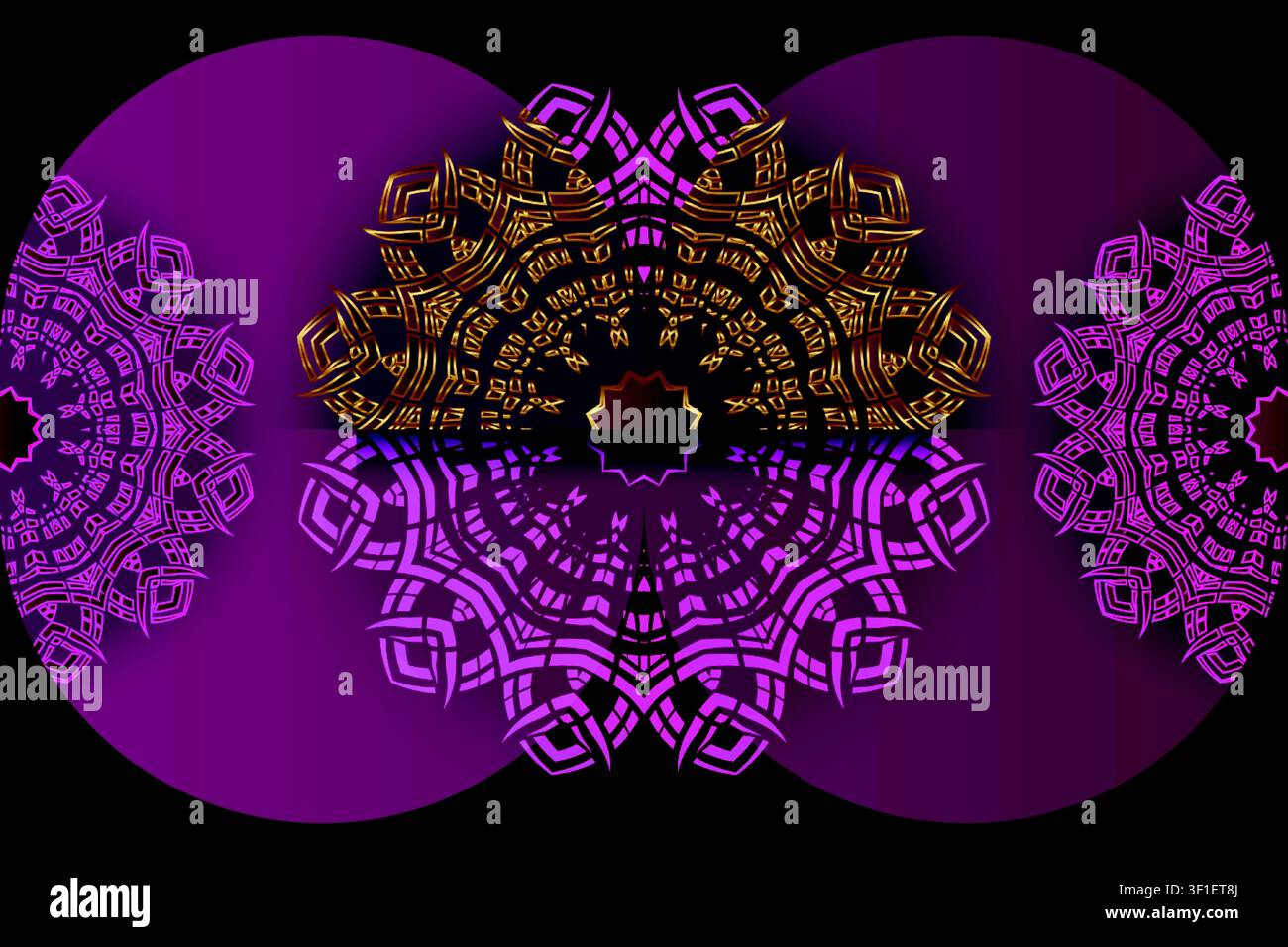 Elegante geometrische Blumenmandala-Kunst mit rosa, lila und goldenen Glühfarben für hochwertige Grafikressourcen Stock Vektor