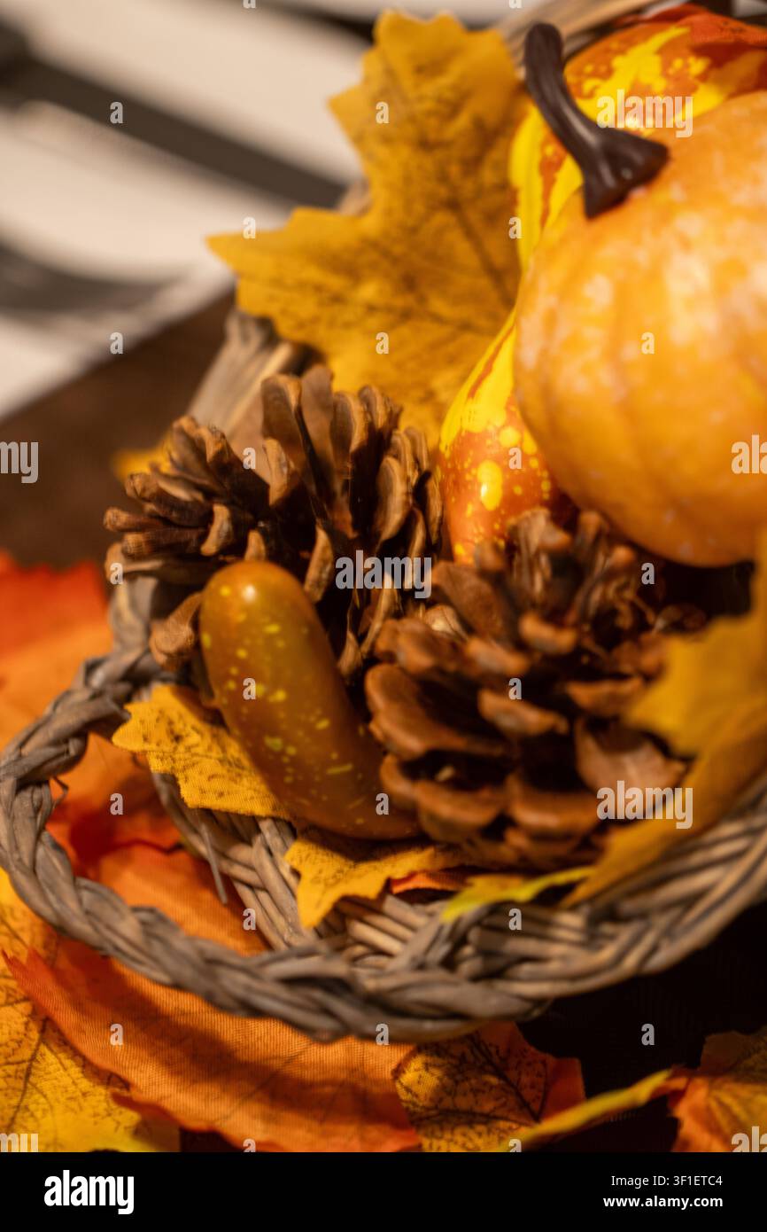 Ein warmes Nahaufnahme-Foto eines geflochtenen Weidenkorbs gefüllt mit kleinen dekorativen Kürbissen, Flaschenkürbissen, Tannenzapfen und lebhaften Herbstblättern Stockfoto
