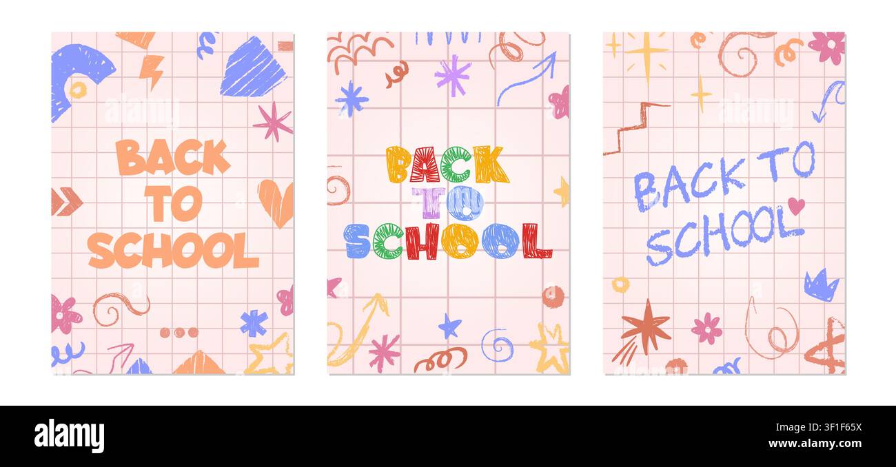 Zurück-zur-Schule-Plakate mit handgezeichneten Kindersymbolen, Buchstaben mit Buntstifttextur auf Papierhintergrund. Kinder-Doodle-Stil-Karten mit verspielten Kreidetuschen für fröhliches Grundschuldesign Stock Vektor