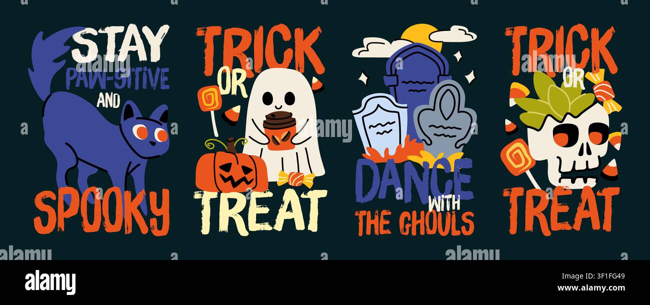 Groovy Halloween gruselige Aufkleber handgezeichneter Vektor-Set für Druckdesign Stock Vektor