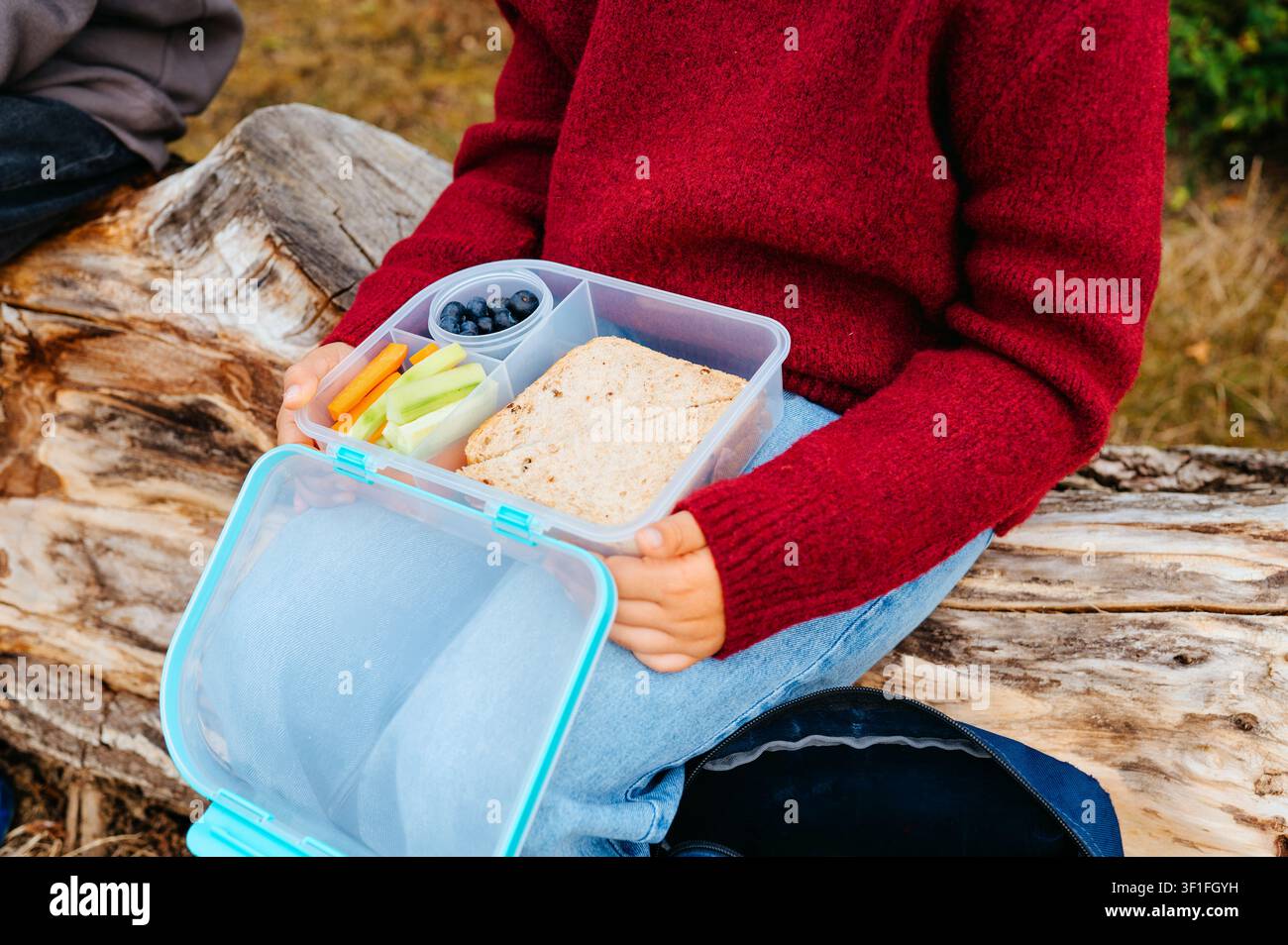 Schulmädchen hält eine gesunde Lunchbox, während es draußen sitzt Stockfoto