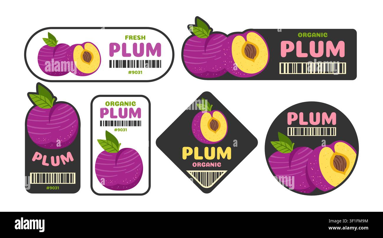 Pflaumendruck-Aufkleber-Set. Handgezeichnete lustige bunte Bio-Badges mit frischem natürlichem Stempel oder Hintergrund für Markt, Lebensmittelladen und Bauernladen. Vintage-Poster-Vektor-Illustrations-Set Stock Vektor