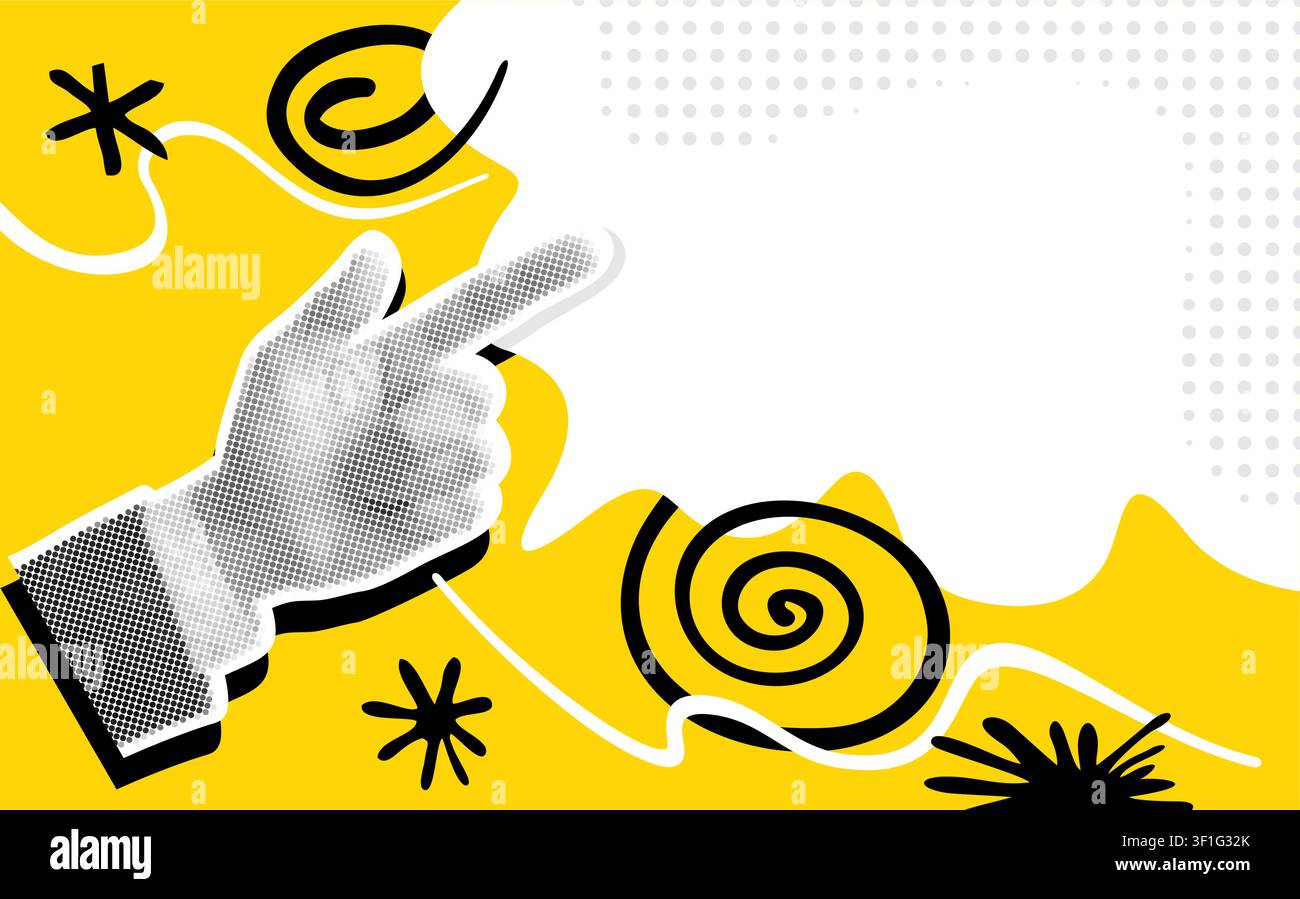 Moderne Collage im Pop-Art-Stil für Poster- oder Bannerdesign. Halbtontenhand, die mit dem Zeigefinger auf den Kopierraum zeigt. Gelber Hintergrund Stock Vektor