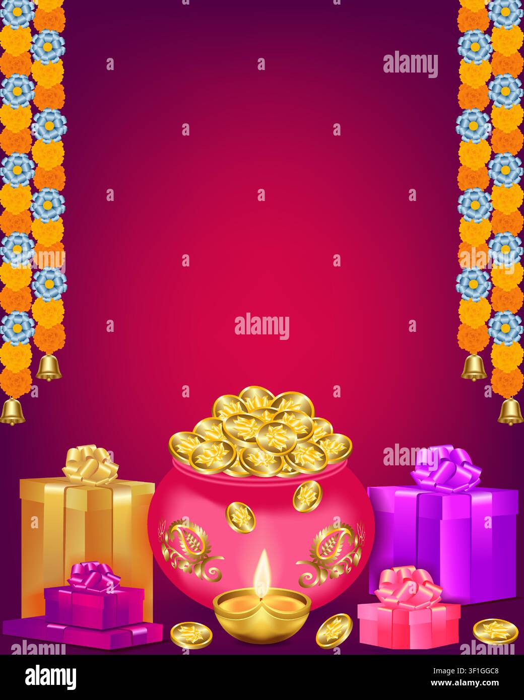 Festlicher Diwali-Vertikalbanner mit einem leuchtenden Diya und Kalash mit Goldmünzen, Geschenken und seitlichen Blumengirlanden mit Platz für Text. Stock Vektor
