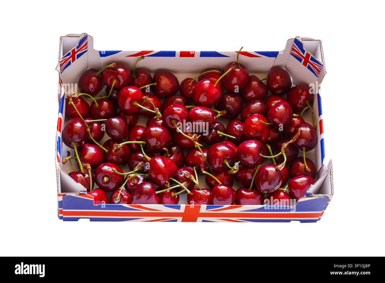 Schachtel mit britischen roten Kirschen, süße und saftige Penny-Sorte aus Kent UK von M&S, isoliert auf weißem Hintergrund Stockfoto