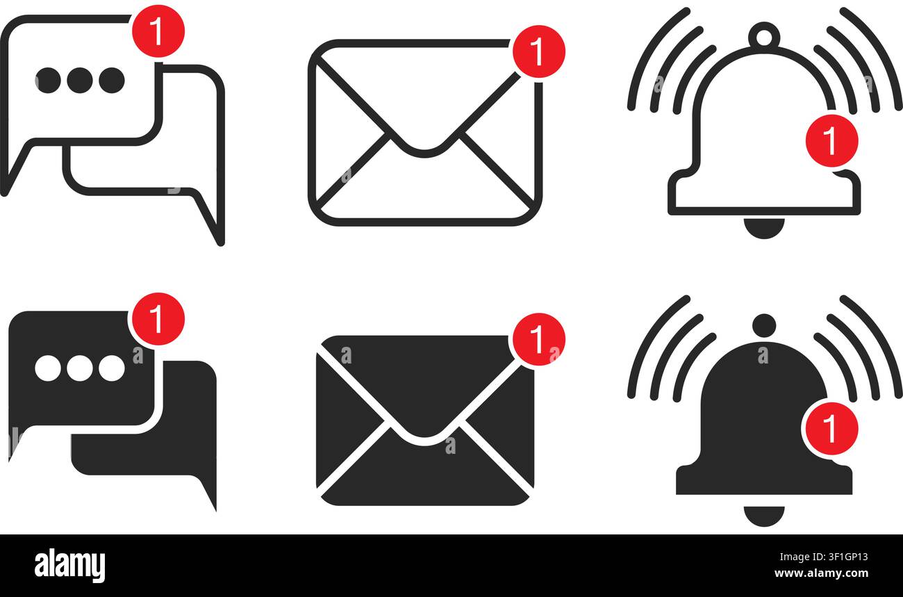 Satz von flachen Benachrichtigungs-Icons mit Chat-Blasen, Umschlag und Klingel-Symbolen mit roten Zahlenbadges in Umriss- und Vollfarbenstilen. Stock Vektor