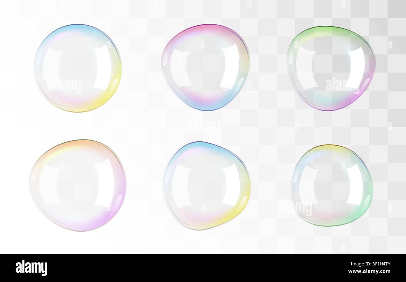 Satz realistischer transparenter Seifenblasen mit Regenbogenreflexion. Buntes Kugel-Element. Vektorillustration Stock Vektor