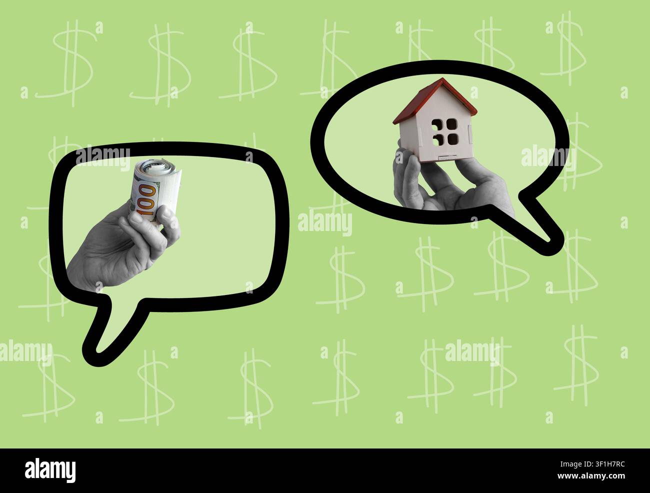 Haus und Geld mit Sprechblasen für die Immobilienverhandlung. Stockfoto
