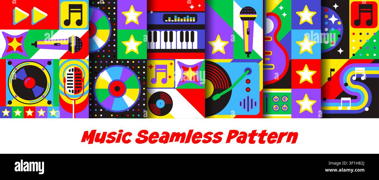 Musikalische nahtlose Muster mit geometrischem Mosaikornament. Musikfliesen-Hintergründe mit Mikrofonen, Vinylplatten, CDs und Gitarren, Klaviertasten, Lautsprechern und Musiknoten für beschwingten Retro-Pop-Rhythmus Stock Vektor