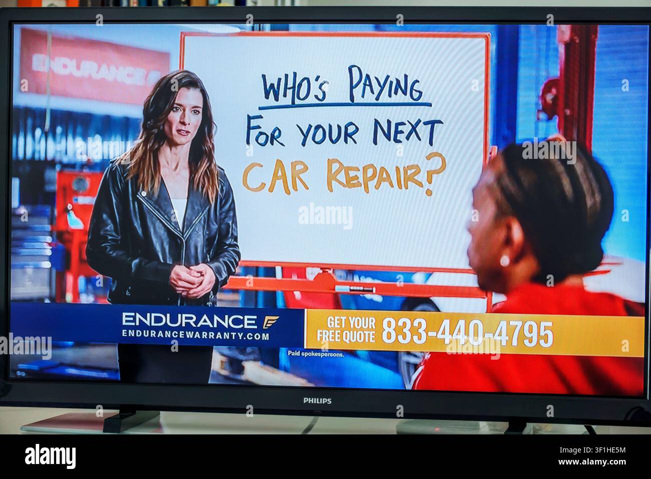 Miami Beach Florida, Fernseher, Bildschirmmonitor, Werbeanzeige, Werbung, Endurance, Endurance-Garantie, Autoreparatur, Fahrzeugreparatur, Autowerkstatt Stockfoto