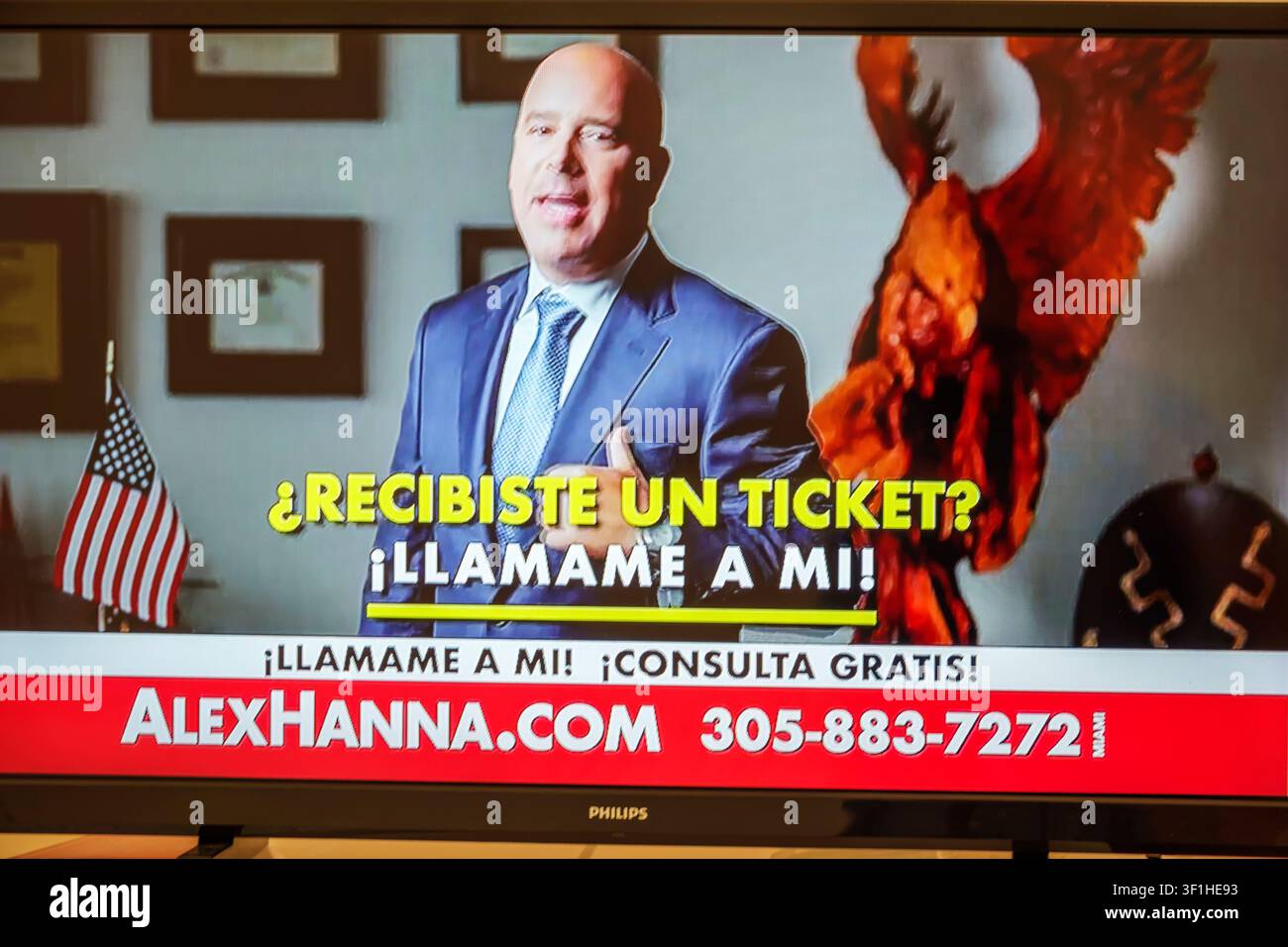 Miami Beach Florida, Fernseher, Bildschirmmonitor, Werbespot, Werbung, Alex Hanna, AlexHanna.com, Anwalt, Rechtsanwalt, Anwaltskanzlei, Rechtsdienstleistungen, Verkehr Stockfoto