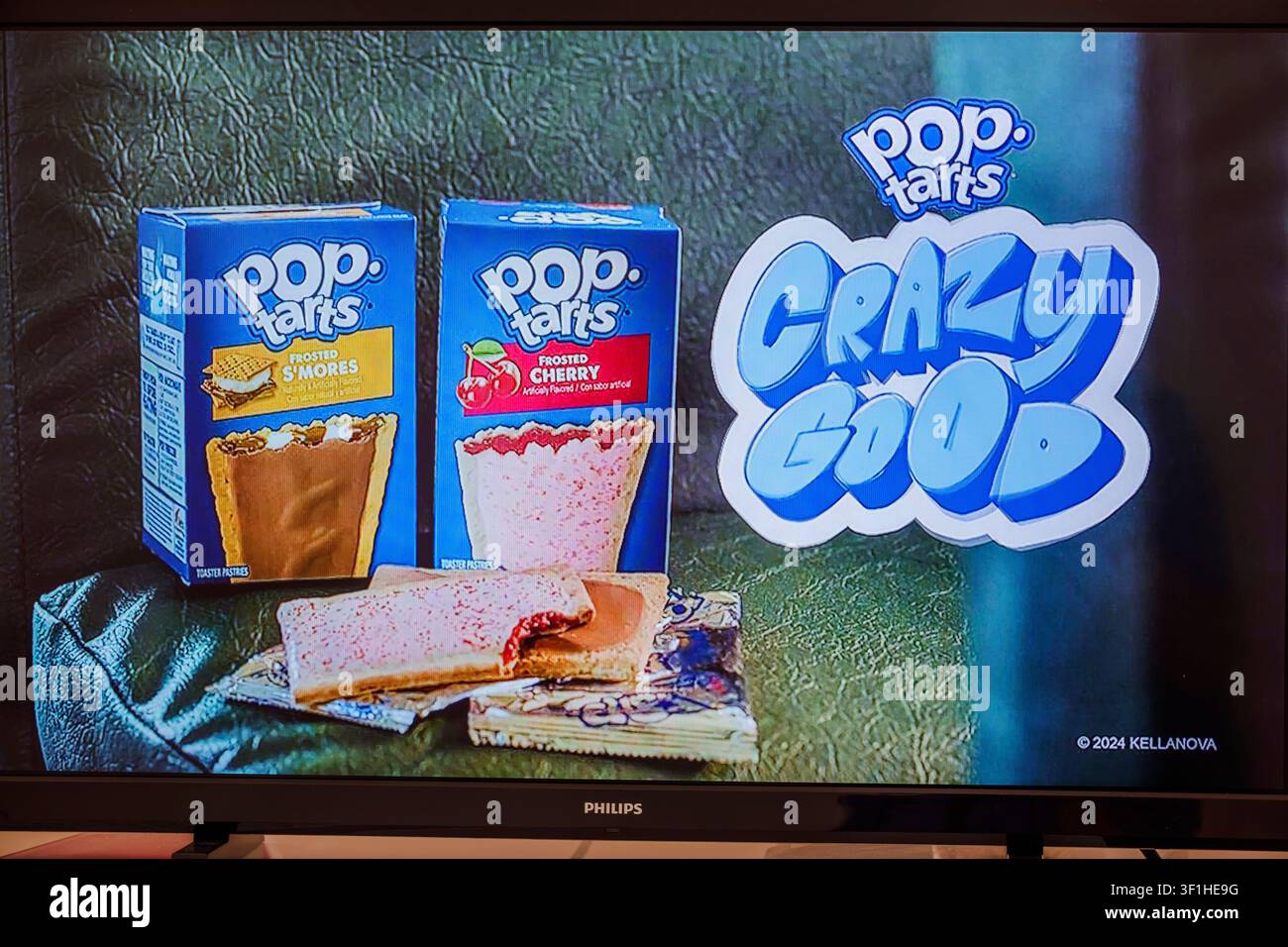 Miami Beach Florida, Fernseher, Bildschirmmonitor, Werbespot, Pop Tarts, Kellanova, Verrückt gut, Frosted Smores, Frosted Cherry, Toasterpastete Stockfoto