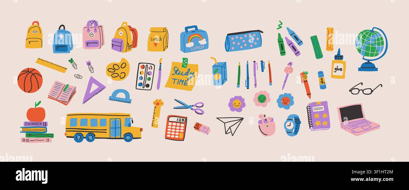 Mega Back-to-School-Clipart-Set mit über 40 Bildungselementen, darunter Rucksäcke, Bücher, Laptop, Globus, Brillen, Lunchboxen, Federtaschen, Schulbus, Schreibwaren, Kunstbedarf, Snacks und Klassenzimmer-Essentials in warmen modernen Farben, vielseitige Sammlung für Arbeitsblätter, Aufkleber, Planer, Bildungsmaterialien und Kinderdesignprojekte Stock Vektor