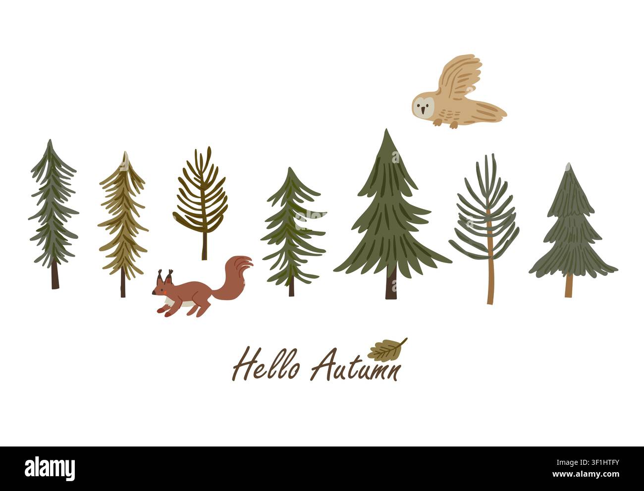 Hallo Herbst Wald-Banner mit einem niedlichen Eichhörnchen, fliegender Eule, Kiefern und Waldlaub auf weißem Hintergrund, bezaubernde minimalistische Kinderillustration für Grußkarten, Kinderzimmer-Dekor, Poster, T-Shirts, saisonale Drucke und gemütliche herbstliche Projekte Stock Vektor