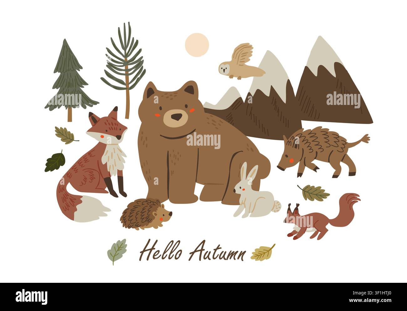 Banner mit Waldtieren für Hello Autumn mit einem Bären, Fuchs, Igel, Kaninchen, Eichhörnchen, Wildschwein, fliegender Eule, Bergen, Kiefern und Herbstblättern auf weißem Hintergrund, bezaubernde Kinderillustration für Grußkarten, Kinderzimmerdekoration, Poster, T-Shirts, saisonale Drucke und gemütliche Herbstprojekte Stock Vektor