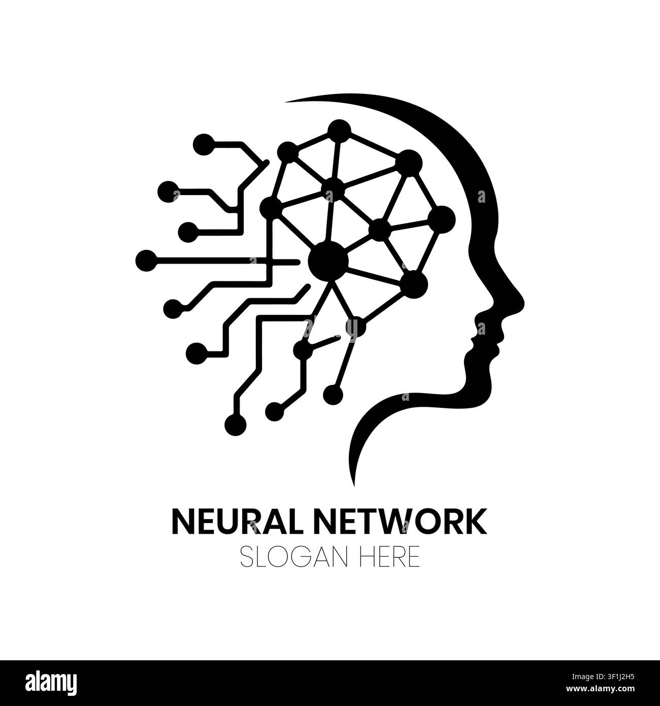 Neuronennetz-Logo mit einem menschlichen Kopfprofil und verbundenen Knoten, das künstliche Intelligenz, maschinelles Lernen und fortschrittliche Technologie darstellt. Stock Vektor