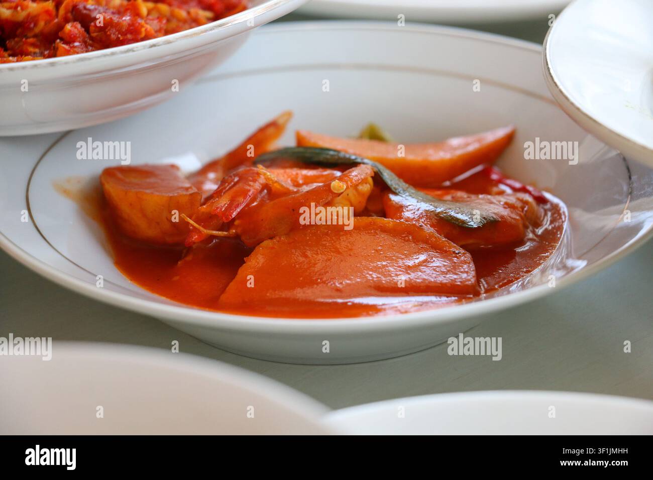 Traditionelles indonesisches Padang-Essen mit Reis und verschiedenen Gerichten auf dem Tisch Stockfoto