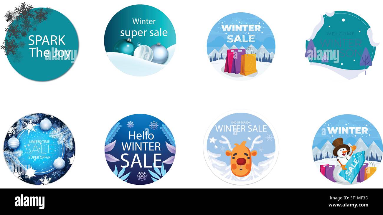 Satz von runden Winterverkaufs- und Feiertags-Promotionsabzeichen mit schneebedeckten Landschaften, Weihnachtsdekorationen, einem niedlichen Rentier, einem Schneemann und Einkauf b Stock Vektor