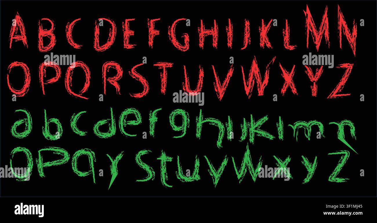 Beängstigendes rotes und grünes Horror-Alphabet-Vektorset mit gruseligen handgezeichneten kratzigen Schriftbuchstaben, isoliert auf einem schwarzen Hintergrund. Stock Vektor