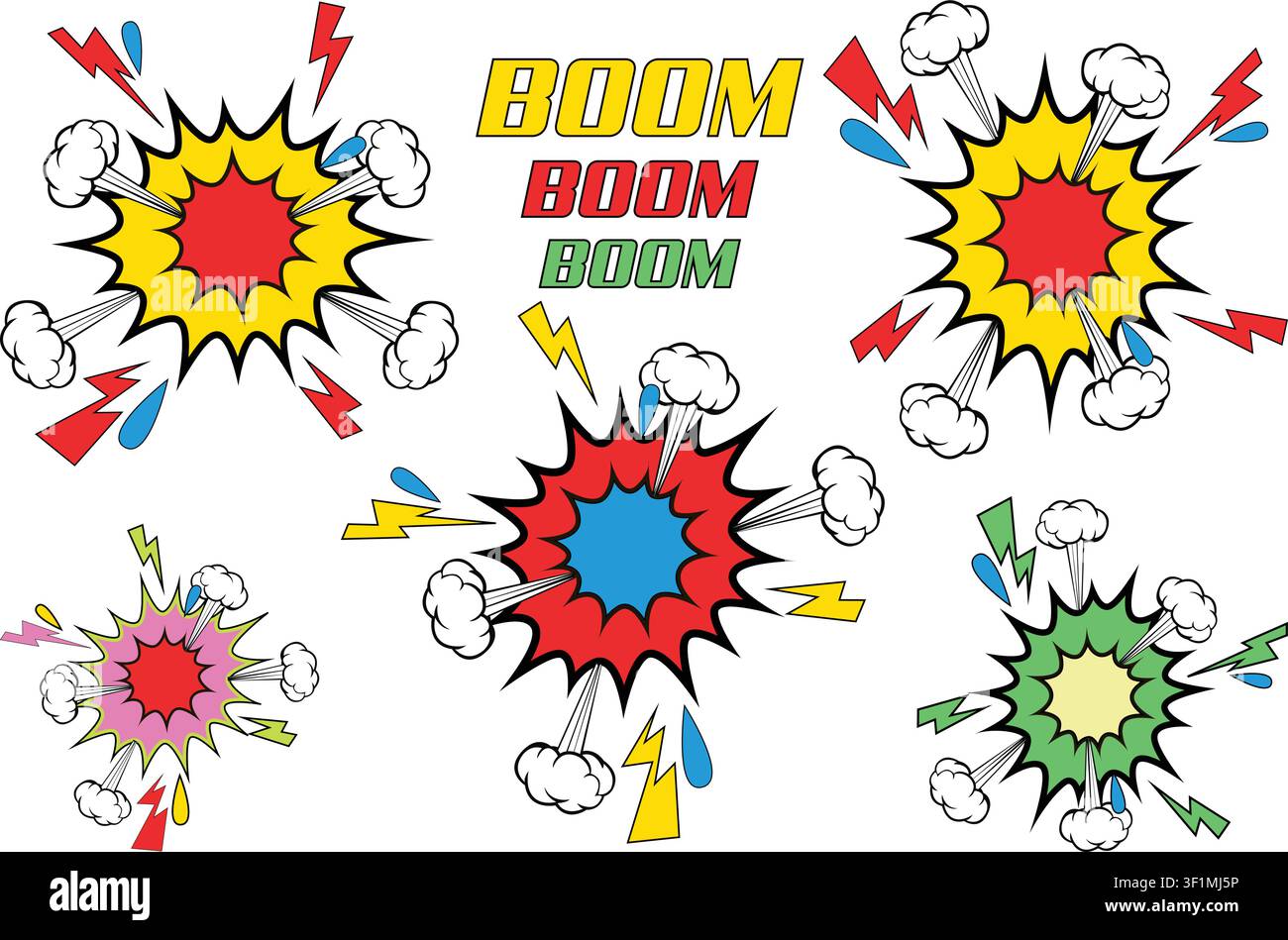 Farbenfrohes Comic-Boom-Explosions-Clipart-Set mit Pop-Art-Ausbrüchen, Blitzen, Rauchwolken, Cartoon-Aktions-Effekten, Sprechblasen-Grafiken, dynamischen Impakt-Elementen Stock Vektor