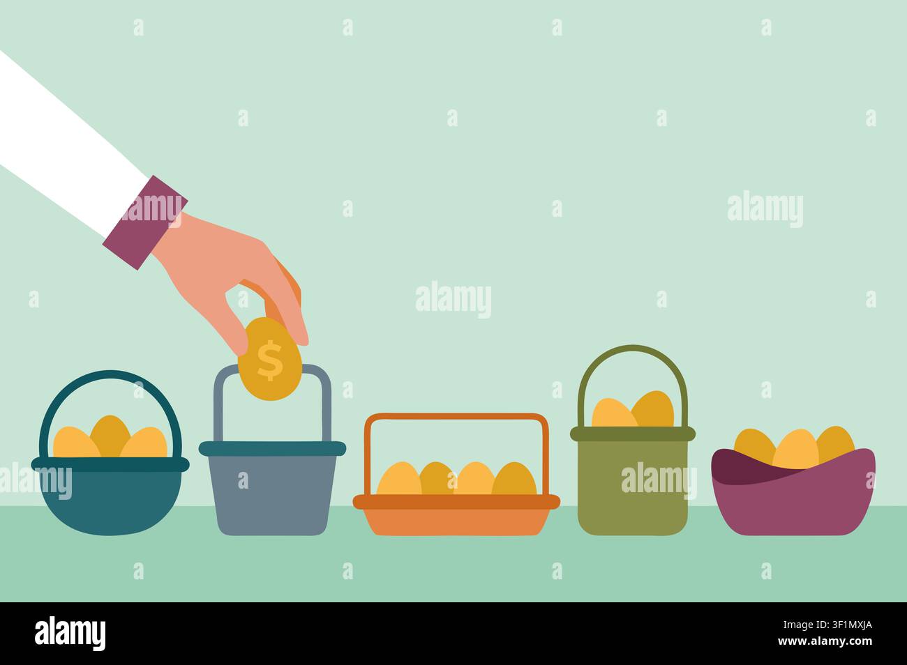 Goldene Eier verteilen sich über mehrere Körbe, was eindeutig die Diversifizierung von Investitionen symbolisiert. Kreative kommerzielle konzeptionelle Illustration für Finanzkunst Stockfoto