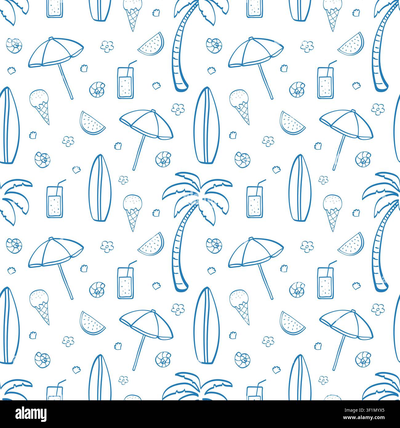 Nahtloses Muster mit Strandurlaub. Handgezeichnete Sommerurlaub-Elemente mit Palme, Cocktail, Schirm, Surfbrett, Eiscreme, Muscheln. Stock Vektor