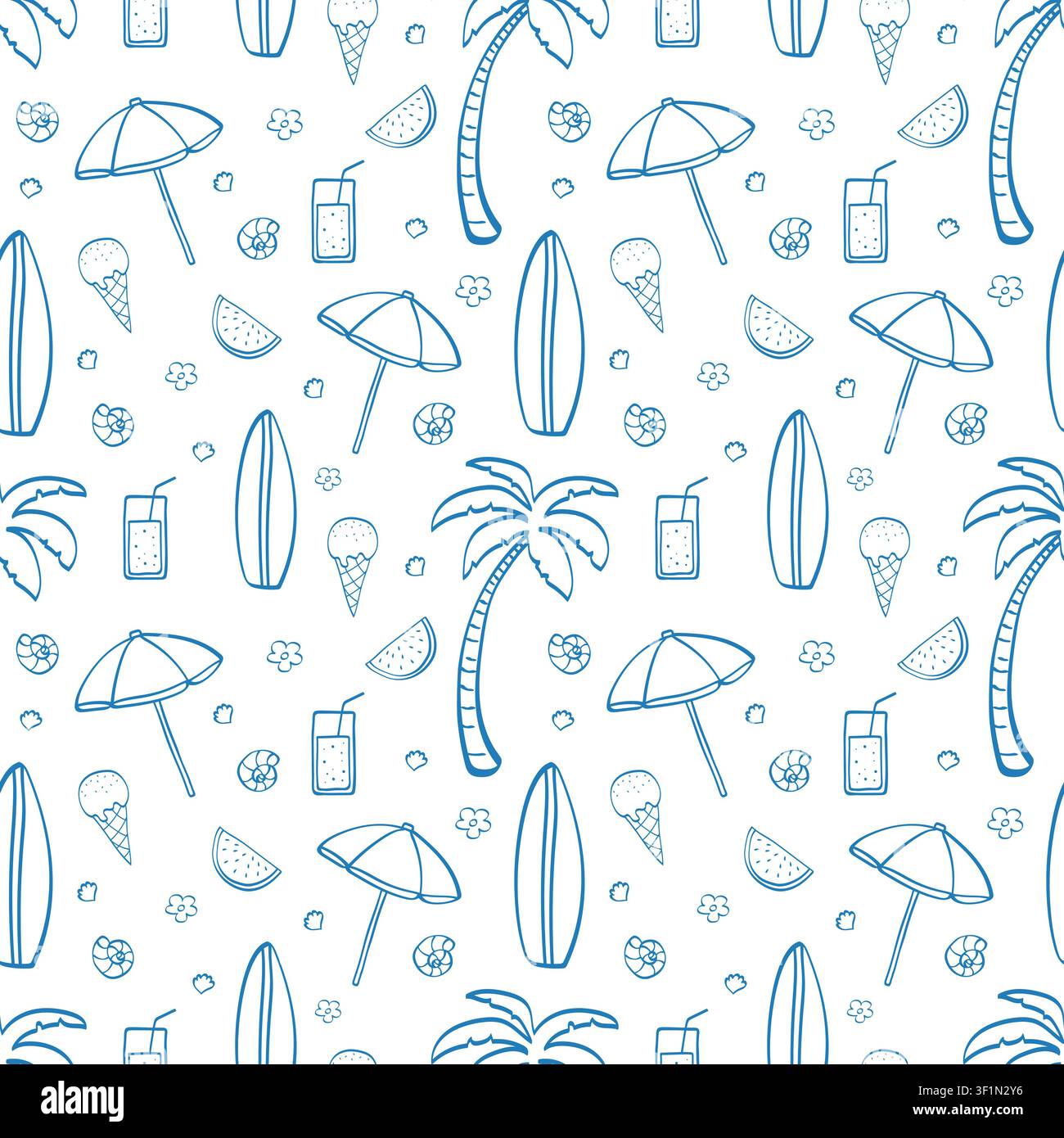 Nahtloses Muster mit Strandurlaub. Handgezeichnete Sommerurlaub-Elemente mit Palme, Cocktail, Schirm, Surfbrett, Eiscreme, Muscheln. Stock Vektor