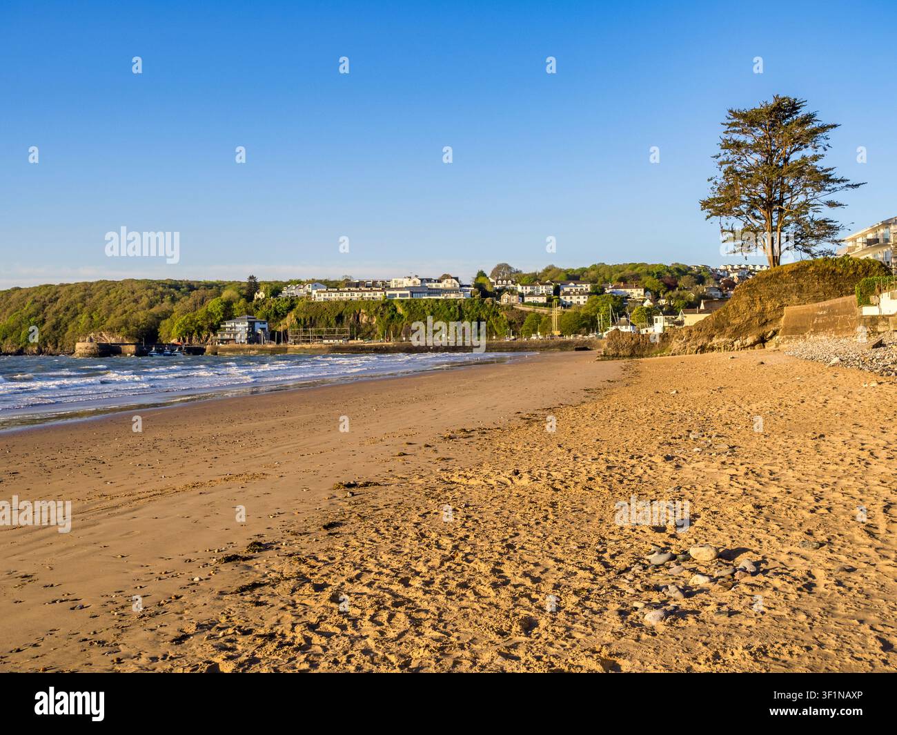 Saundersfoot Beach an einem klaren und hellen Frühlingsmorgen; Pembrokeshire; Wales; UK. Beliebtes Badeziel für Familien. Stockfoto