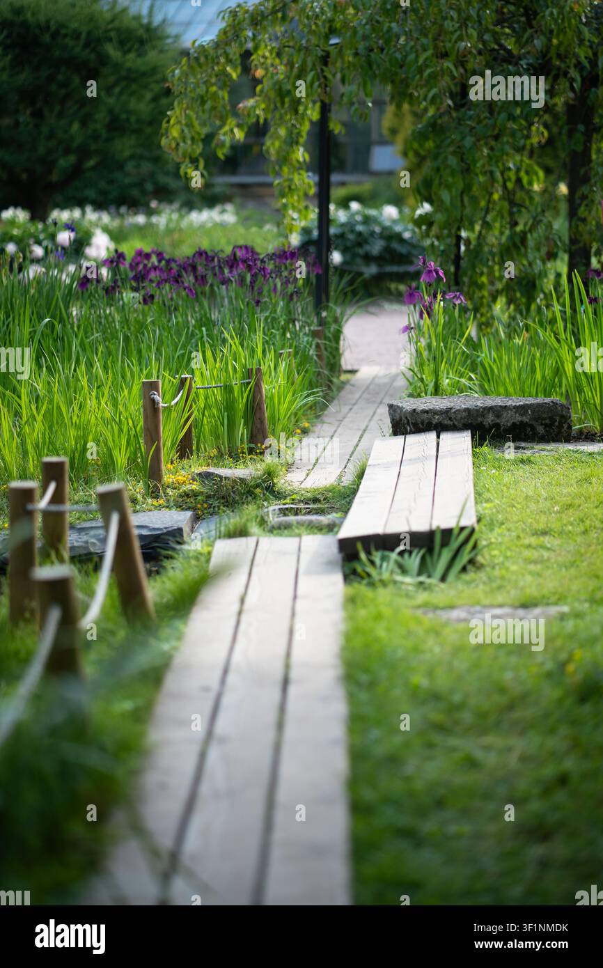 Holzwegtafeln, die durch einen Sommergarten verlaufen, umgeben von Blumenbeeten mit Blumen und Rasen. Stockfoto