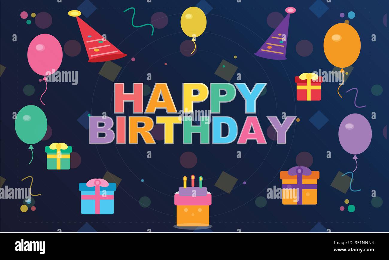 Alles Gute zum Geburtstag Buntes Vektor-Textdesign mit Geburtstagstorte, Geschenkkartons, Partyhüten und Luftballons. Festbanner, Glückwunschkarte oder Einladung Stock Vektor