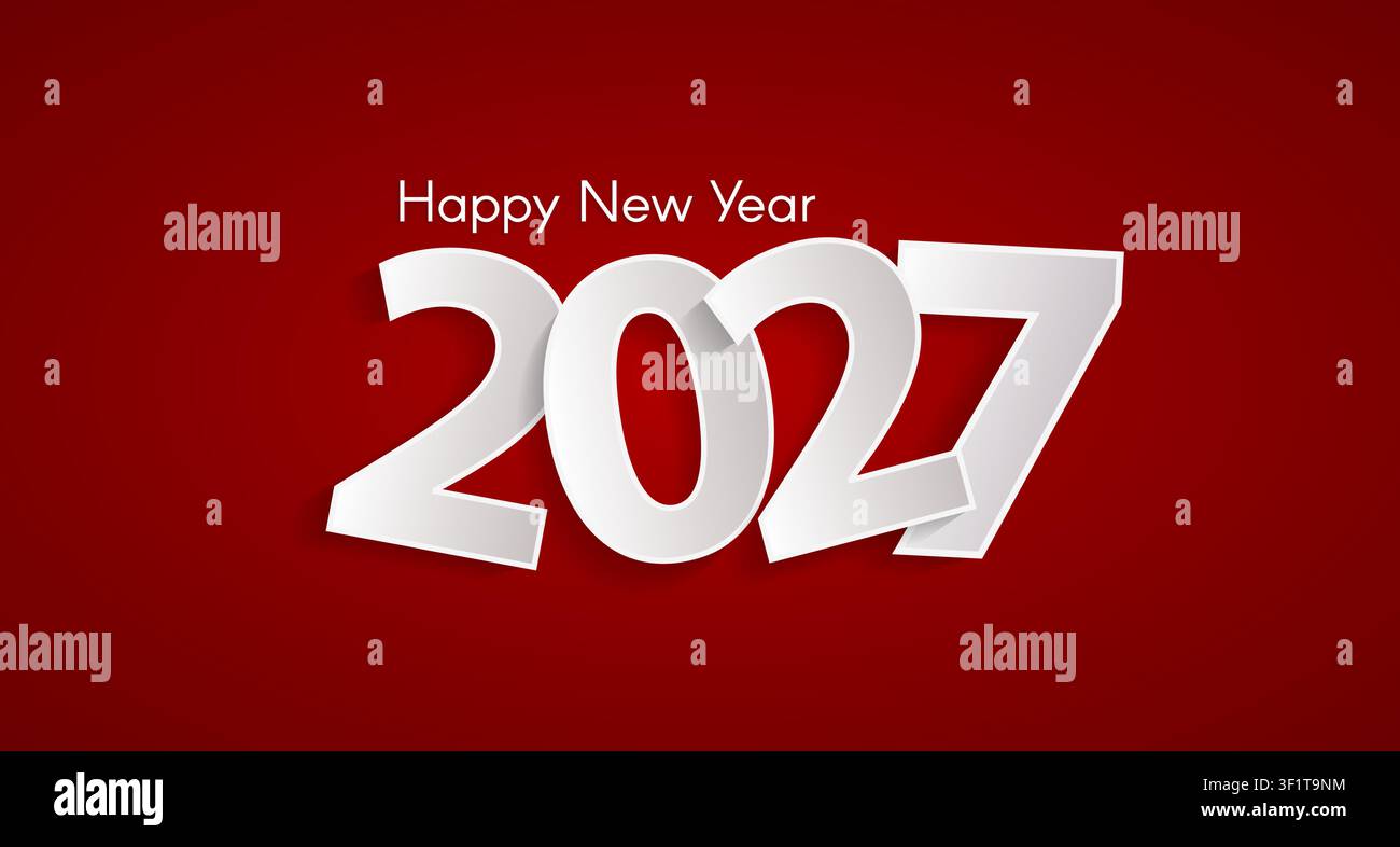 Rotes Konzept für ein fröhliches Neujahr 2027 mit ausgeschnittenen weißen Zahlen aus Papier. Weihnachts- und chinesisches Neujahrsdekoration. Neujahrskarte oder Verkaufsdesign. Vektorillustrati Stock Vektor
