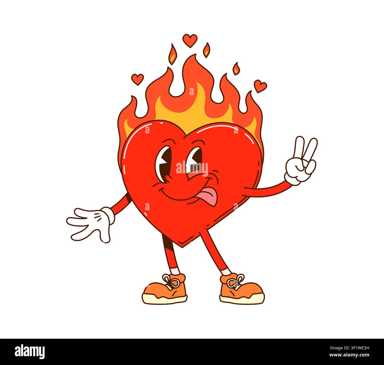 Groovy Herz mit brennendem Feuer, Cartoonfigur Stock Vektor