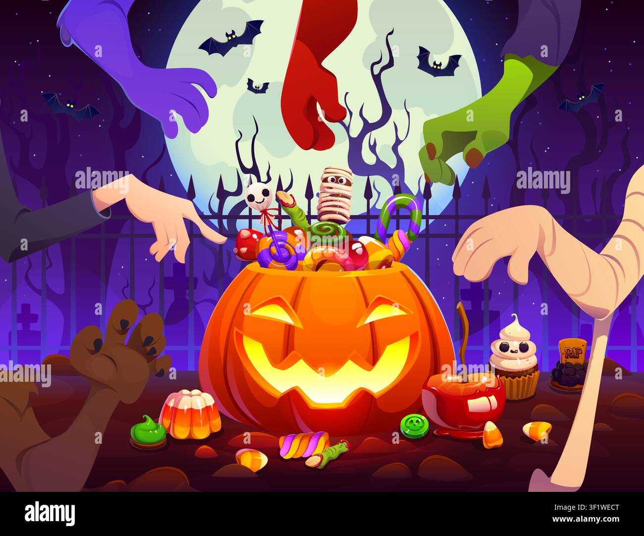 Halloween Eimer Jack o Laterne Kürbis, Süßigkeiten Stock Vektor