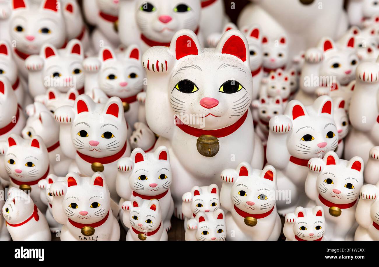 Reihen von weißen Maneki-Neko-Kätzchen am Gotokuji-Tempel Stockfoto