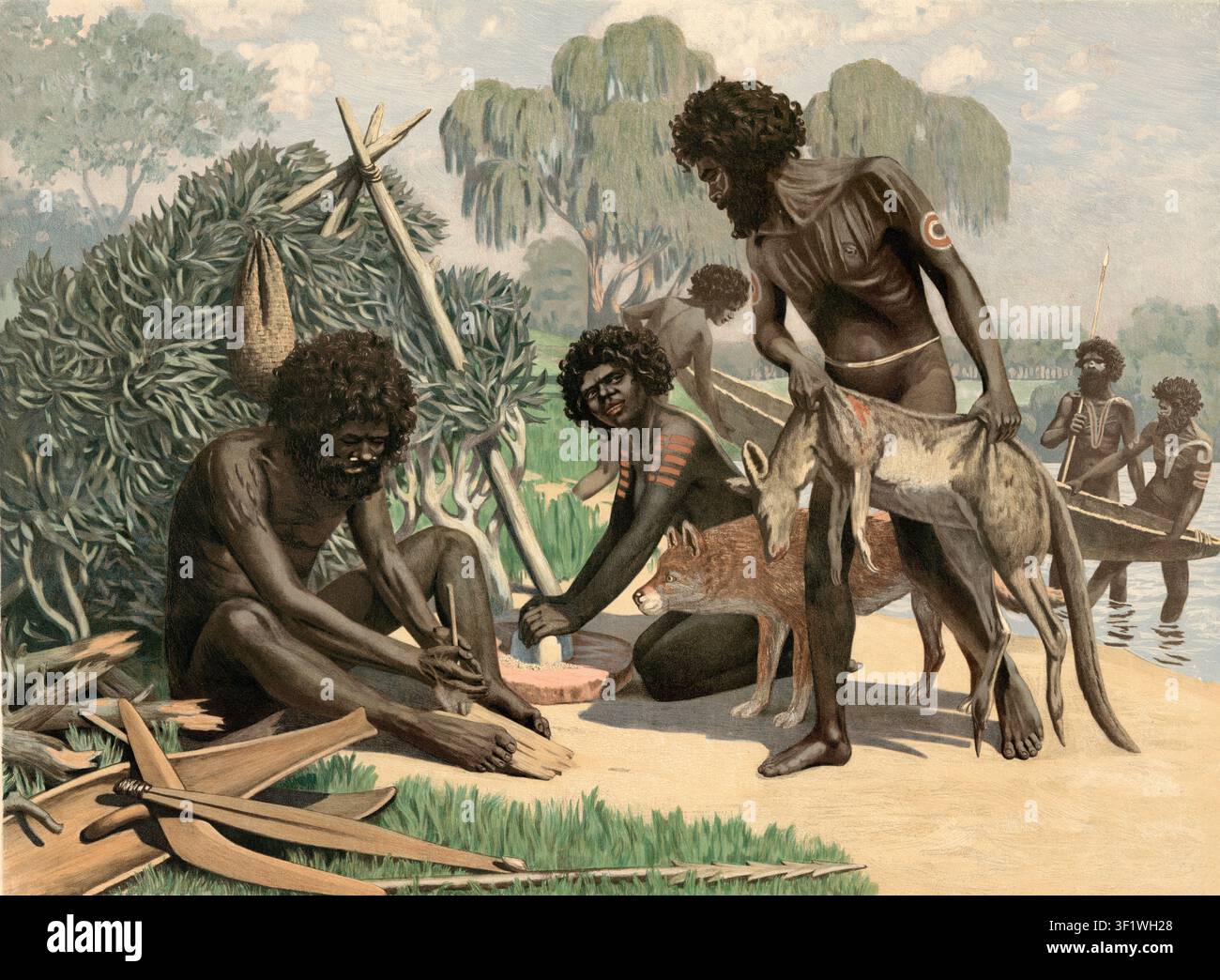 Australische Ureinwohner bereiten Nahrung zu, traditioneller Lebensstil der First Nations Australiens als Jäger und Sammler. Der links sitzende Mann verwendet einen prähistorischen Bohrer, einen Schnur- oder Handbohrer, um Holzstaub durch Reibung zu entzünden. Ein stehender Jäger trägt ein erlegtes Tier. Eine Frau in der Mitte zerkleinert oder mahlt Samen oder Getreide mit Steinen auf einer Oberfläche. Schulbild, Illustration, Reproduktion eines Originals aus dem 19. Jahrhundert. Schulbild, Wandgemälde, authentisch, Datei für optimale Nutzung restauriert, genaues Datum des Originals unbekannt, historisch Stockfoto