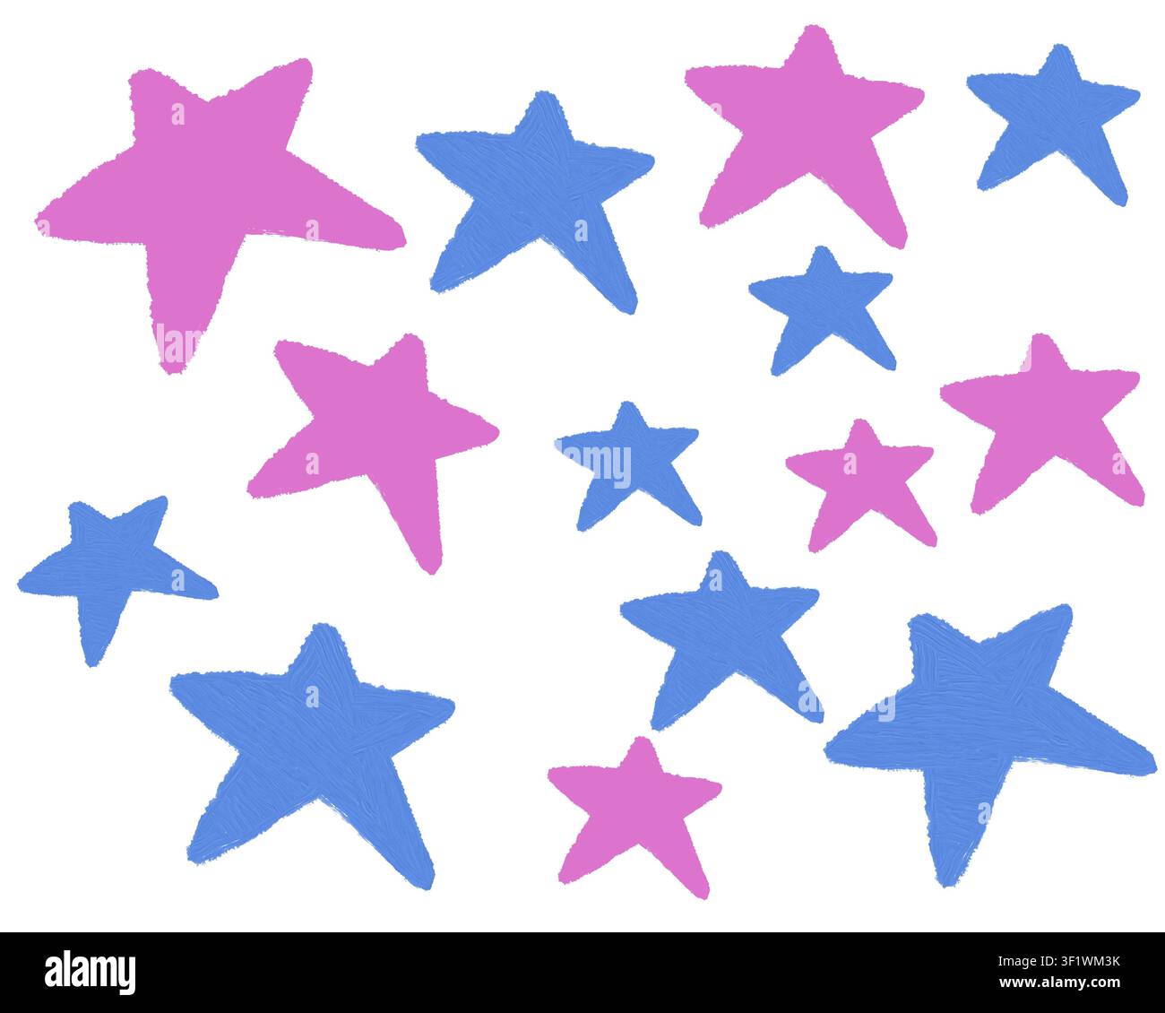 Rosa und blaue Pinselstrich-Sterne, die auf einem weißen Hintergrund verstreut sind. Perfekt für Kinderzimmerdekoration, Partyeinladungen, Grußkarten und Kinderdesign. Stockfoto