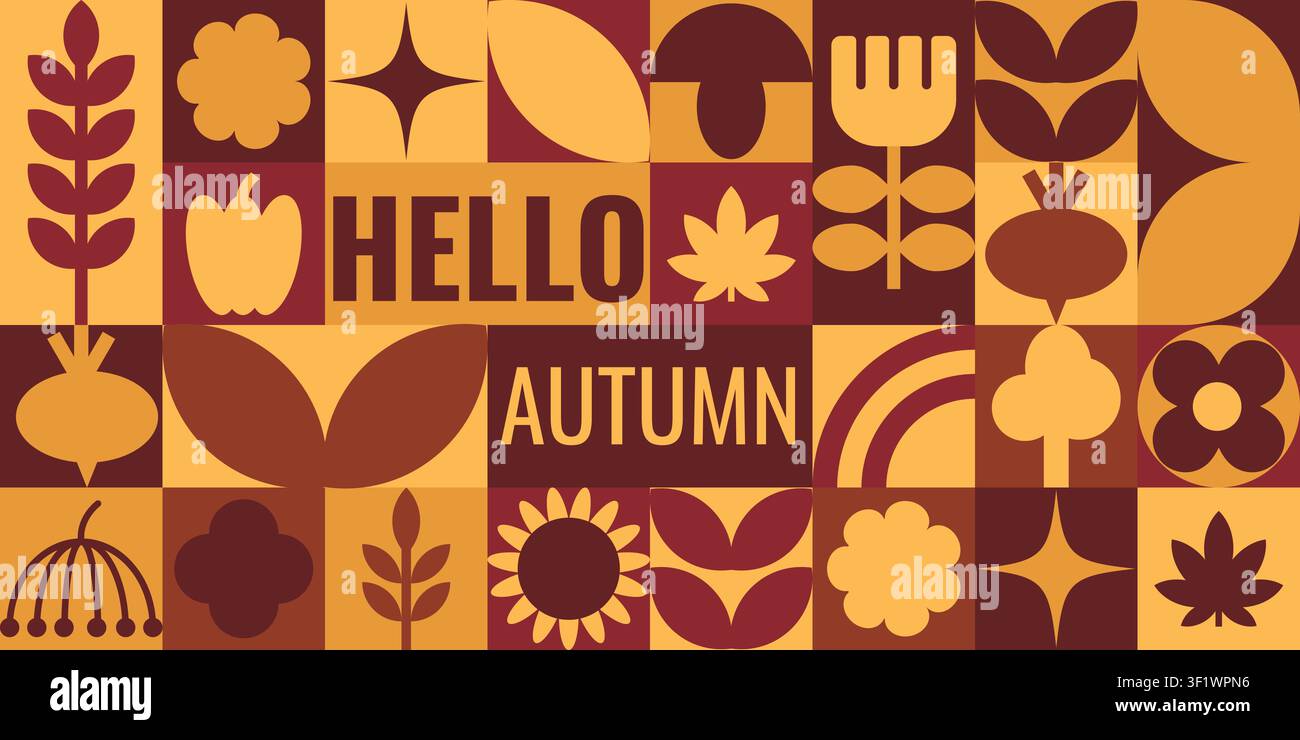 Lebendiges horizontales Herbstbanner mit modernem geometrischem Schriftzug, Kürbissen, Pilzen, Sonnenblumen und farbenfrohem Laub. Perfekt für saisonale Schulbälle Stock Vektor