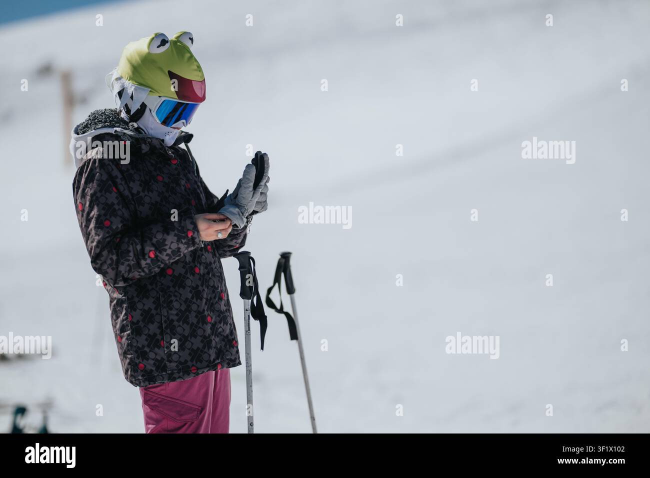 Skifahrer mit einem Frosch-Neuheit-Helm und einer Skibrille steht mit Stöcken auf einem schneebedeckten Hang Stockfoto