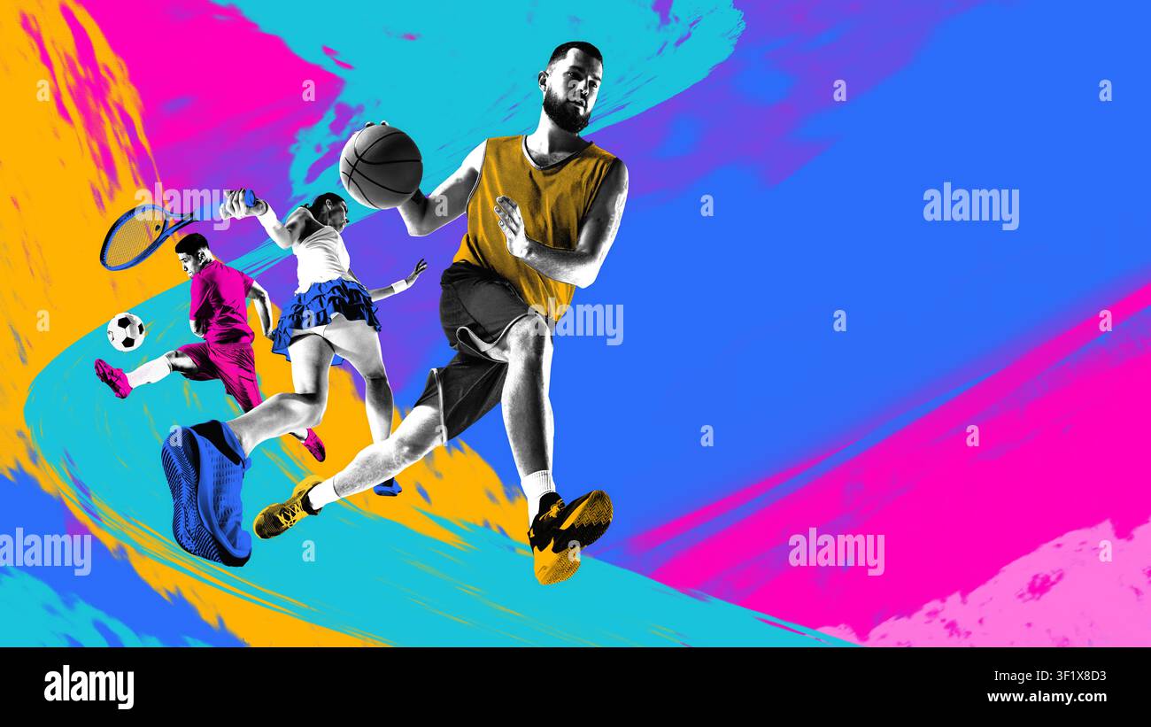 Dynamisches Multi-Sport-Aktionsposter mit vielfältigen Athleten auf lebendigem abstraktem Hintergrund. Stockfoto